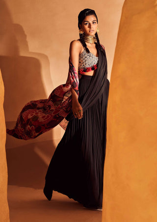 Bhumika Sharma-Black Pre-Stitched Palazzo Sari And Cape Set-INDIASPOPUP.COM