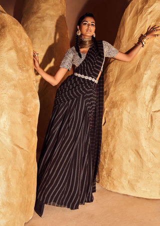 Bhumika Sharma-Black Nurekha Pre-Stitched Sari Set-INDIASPOPUP.COM