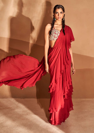 Bhumika Sharma-Red Layered Ruffle Sari With Bustier-INDIASPOPUP.COM