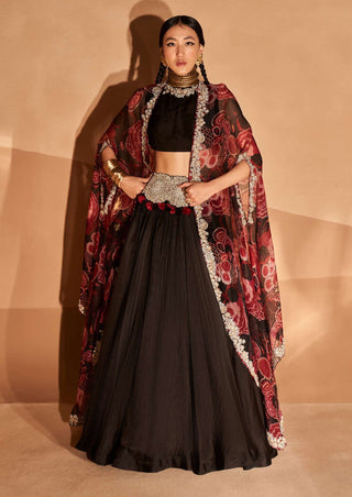 Bhumika Sharma-Black Red Gulbahar Cape And Skirt Set-INDIASPOPUP.COM