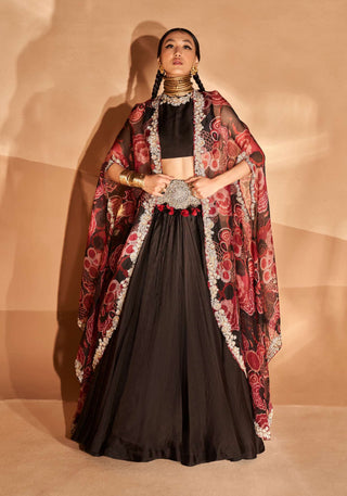 Bhumika Sharma-Black Red Gulbahar Cape And Skirt Set-INDIASPOPUP.COM