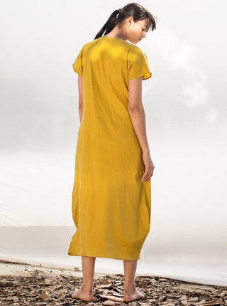 Khara Kapas-Yellow Cowl Midi Dress-INDIASPOPUP.COM