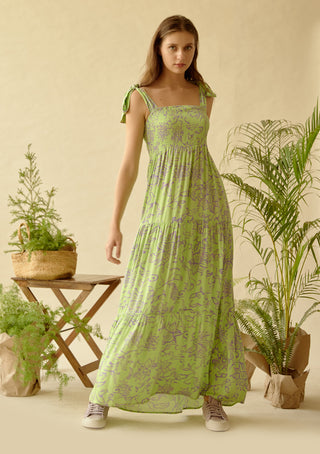 Be-Blu-Cecilia Green Printed Long Dress-INDIASPOPUP.COM
