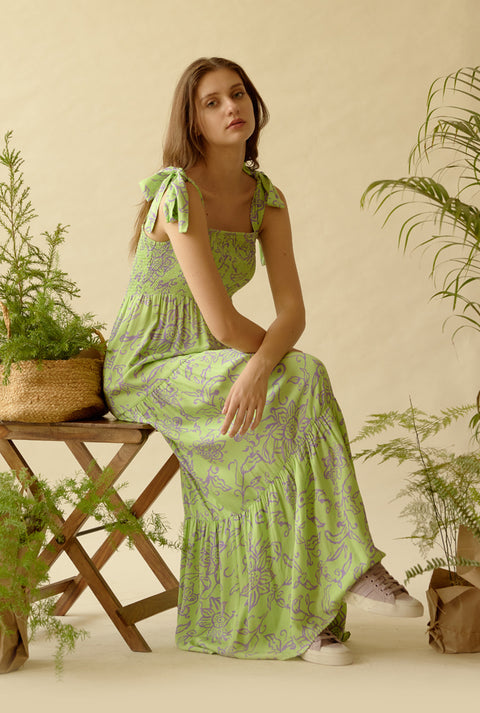 Be-Blu-Cecilia Green Printed Long Dress-INDIASPOPUP.COM