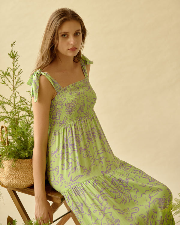 Be-Blu-Cecilia Green Printed Long Dress-INDIASPOPUP.COM