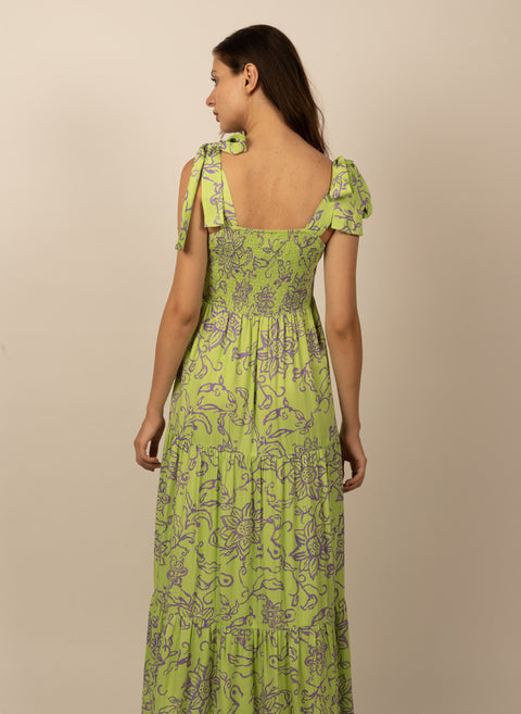 Be-Blu-Cecilia Green Printed Long Dress-INDIASPOPUP.COM