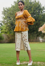 Chandrima-Mustard Cordwork Top With Skirt-INDIASPOPUP.COM