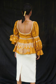 Chandrima-Mustard Cordwork Top With Skirt-INDIASPOPUP.COM