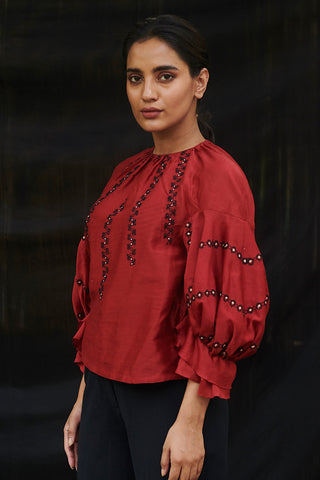 Chandrima-Red Drop Shoulder Cordwork Top-INDIASPOPUP.COM