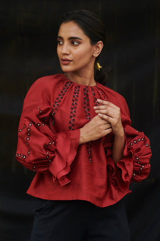 Chandrima-Red Drop Shoulder Cordwork Top-INDIASPOPUP.COM