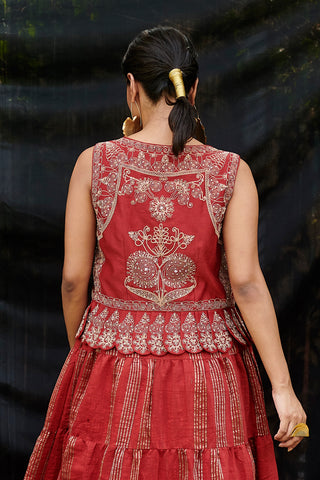 Chandrima-Red Tiered Maxi Dress With Waist Coat-INDIASPOPUP.COM