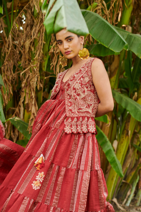 Chandrima-Red Tiered Maxi Dress With Waist Coat-INDIASPOPUP.COM