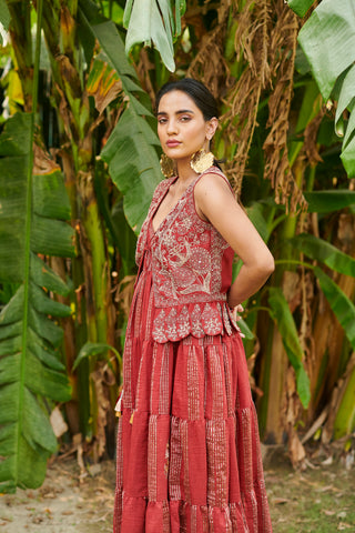 Chandrima | Red Tiered Maxi Dress With Waist Coat | INDIASPOPUP.COM Chandrima | Red Tiered Maxi Dress With Waist Coat | INDIASPOPUP.COM