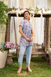 Powder Blue Printed Tunic With Dhoti