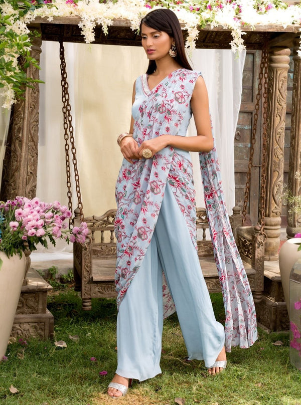 Forest Green Draped Pant Sari With Embroidered Tie Up Blouse – Esha Sethi  Thirani