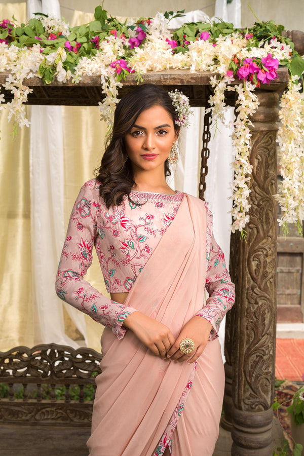 Nude Pink Floral Blouse With Pant Saree