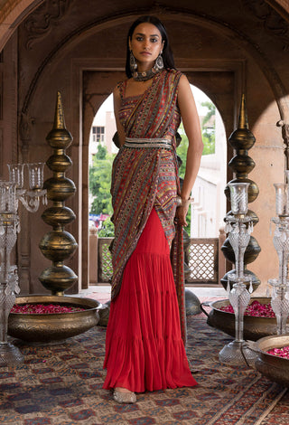 Chhavvi Aggarwal-Red Printed Sharara Sari With Blouse And Belt-INDIASPOPUP.COM