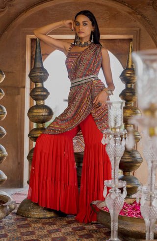 Chhavvi Aggarwal-Red Printed Sharara Sari With Blouse And Belt-INDIASPOPUP.COM