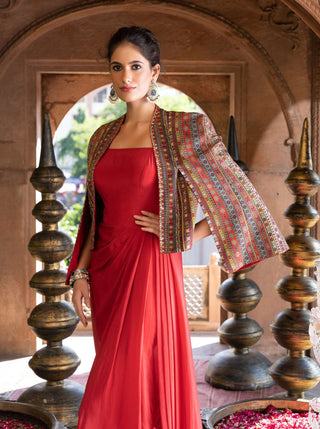 Chhavvi Aggarwal-Red Draped Dress With Printed Cape Jacket-INDIASPOPUP.COM