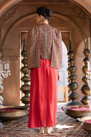 Chhavvi Aggarwal-Red Draped Dress With Printed Cape Jacket-INDIASPOPUP.COM