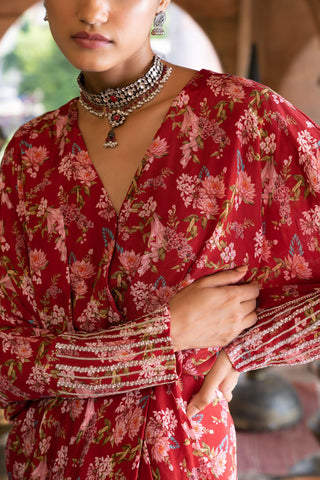 Chhavvi Aggarwal-Maroon Printed Draped Dress-INDIASPOPUP.COM
