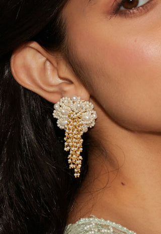 House Of Doro-White Stud Earrings With Oval Pearls-INDIASPOPUP.COM
