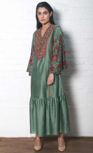 Chandrima-Sage Green Gathered Dress-INDIASPOPUP.COM