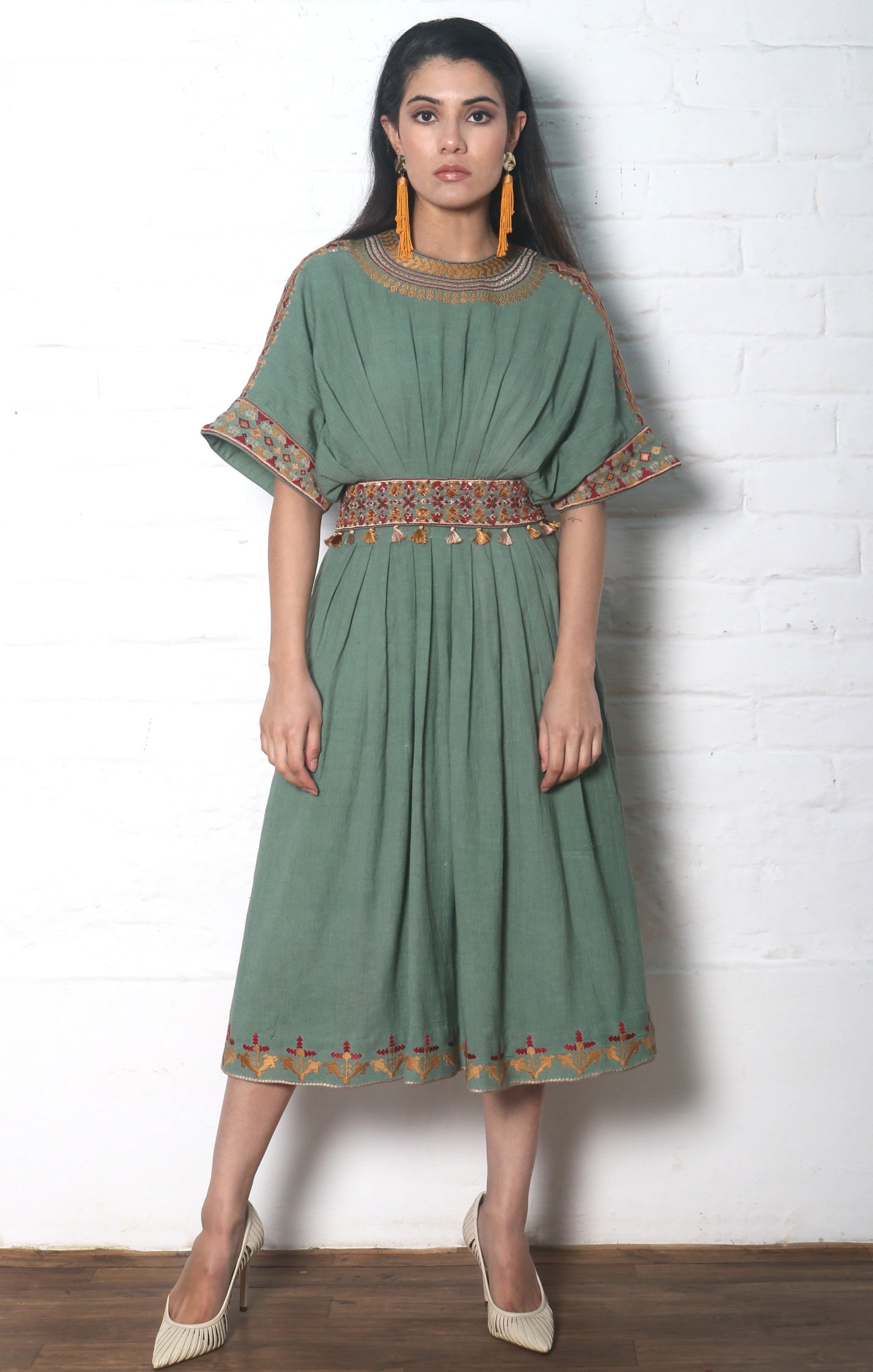 Chandrima | Sage Green Pleated Dress & Belt | INDIASPOPUP.COM M Chandrima | Sage Green Pleated Dress & Belt | INDIASPOPUP.COM M
