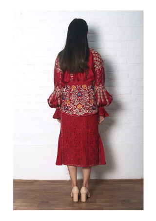 Chandrima-Red Top & Skirt With Waist Overlay Skirt-INDIASPOPUP.COM