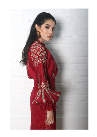 Chandrima-Red Top & Skirt With Waist Overlay Skirt-INDIASPOPUP.COM