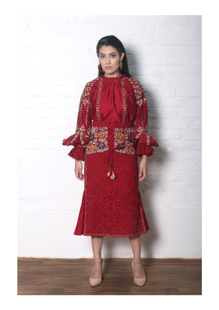 Chandrima-Red Top & Skirt With Waist Overlay Skirt-INDIASPOPUP.COM