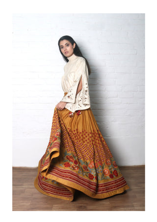 Chandrima-Mustard & Ivory Lehenga Set With Waistcoat-INDIASPOPUP.COM