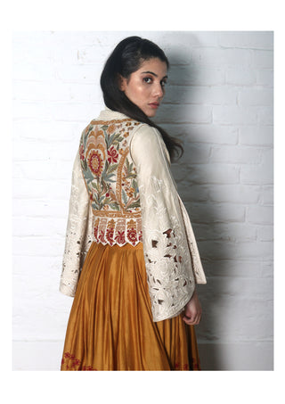 Chandrima-Mustard & Ivory Lehenga Set With Waistcoat-INDIASPOPUP.COM