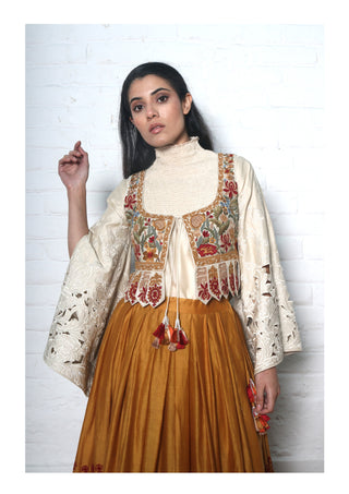 Chandrima-Mustard & Ivory Lehenga Set With Waistcoat-INDIASPOPUP.COM