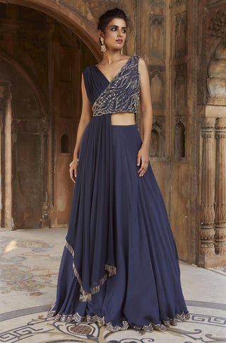 Charu & Vasundhara-Sahara Navy Blue Embroidered Lehenga Set-INDIASPOPUP.COM