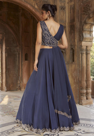 Charu & Vasundhara-Sahara Navy Blue Embroidered Lehenga Set-INDIASPOPUP.COM