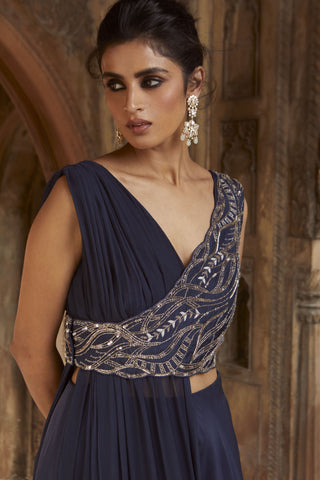 Charu & Vasundhara-Sahara Navy Blue Embroidered Lehenga Set-INDIASPOPUP.COM