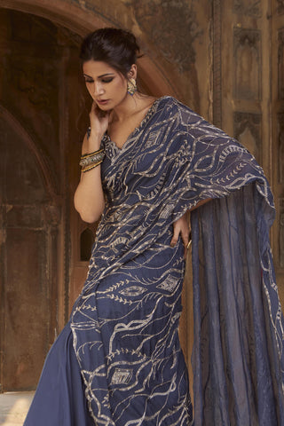 Charu & Vasundhara-Zen Blue Pre-Draped Lehenga Saree-INDIASPOPUP.COM