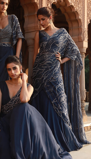 Charu & Vasundhara-Zen Blue Pre-Draped Lehenga Saree-INDIASPOPUP.COM