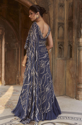 Charu & Vasundhara-Zen Blue Pre-Draped Lehenga Saree-INDIASPOPUP.COM