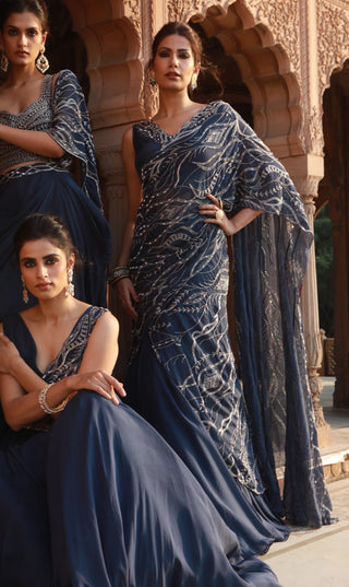 Charu & Vasundhara-Zen Blue Pre-Draped Lehenga Saree-INDIASPOPUP.COM