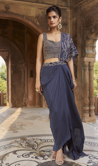 Charu & Vasundhara-Zendaya Navy Blue Draped Saree Set-INDIASPOPUP.COM