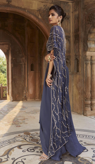 Charu & Vasundhara-Zendaya Navy Blue Draped Saree Set-INDIASPOPUP.COM