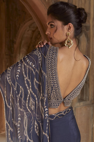 Charu & Vasundhara-Zendaya Navy Blue Draped Saree Set-INDIASPOPUP.COM