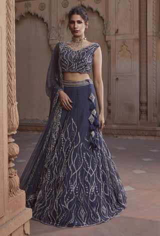 Charu & Vasundhara-Dalia Navy Blue Embroidered Lehenga Set-INDIASPOPUP.COM