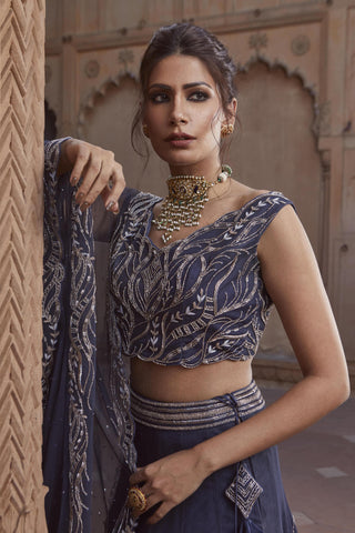 Charu & Vasundhara-Dalia Navy Blue Embroidered Lehenga Set-INDIASPOPUP.COM