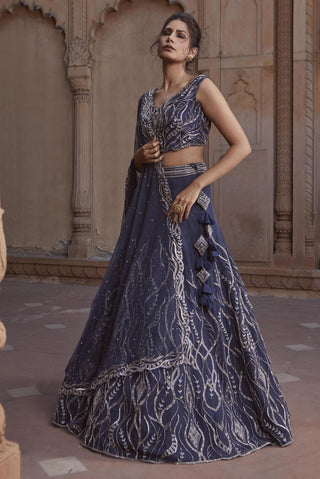 Charu & Vasundhara-Dalia Navy Blue Embroidered Lehenga Set-INDIASPOPUP.COM