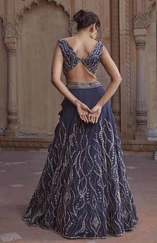 Charu & Vasundhara-Dalia Navy Blue Embroidered Lehenga Set-INDIASPOPUP.COM