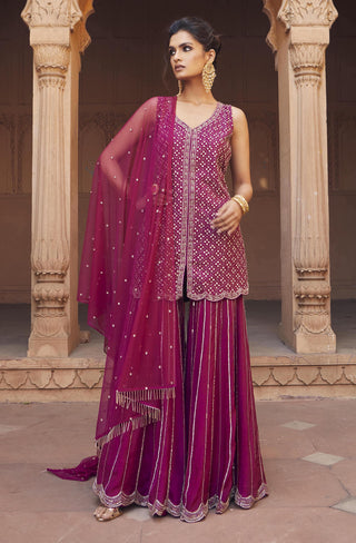 Charu & Vasundhara-Zabya Raspberry Embroidered Sharara Set-INDIASPOPUP.COM