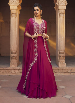 Charu & Vasundhara-Zoya Raspberry Kimono Lehenga Set-INDIASPOPUP.COM